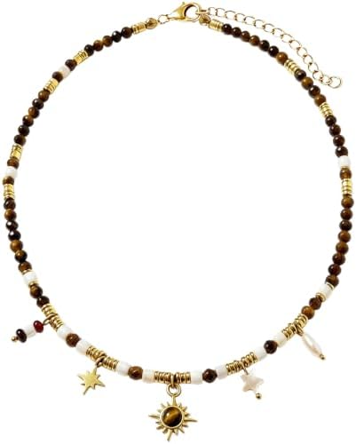 Tiger Eye Sun Necklace with Star Charms